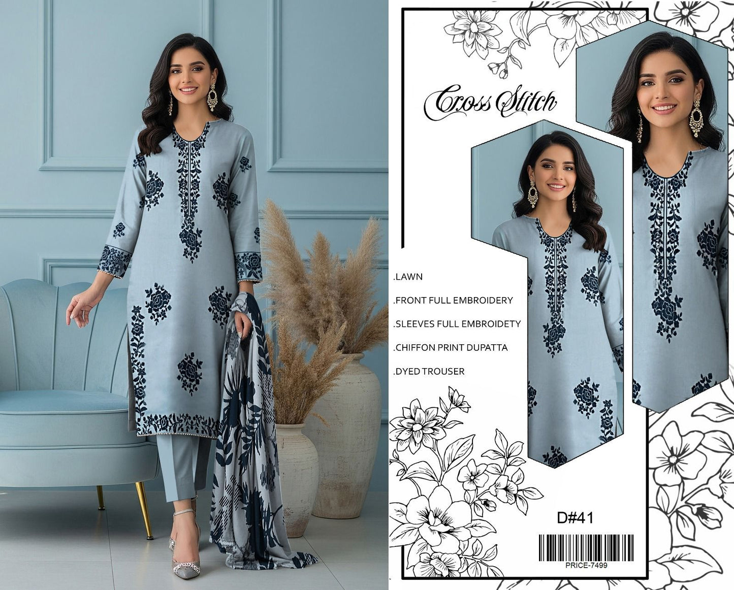 LAWN 3pc Heavy Embroidered Product Code:- 0137