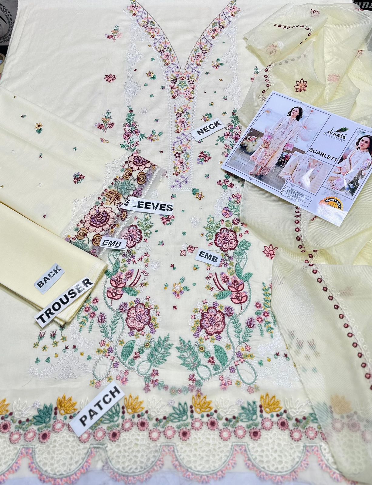 Brand Name QALAMKAR (LAWN)  SHIRT:  80/80Lawn  DUPATTA:  Khadi Net TROUSER: 80/80Lawn