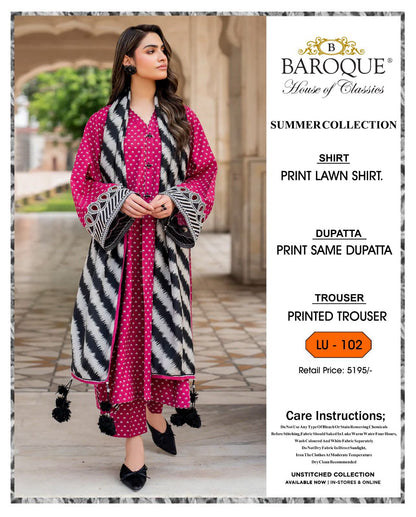 * SUMMER COLLECTION 2026 * BRAND: BAROOQUE  * FEBRIC: SWISS LAWN 3PC * PRINTED SWISS LAWN SHIRT