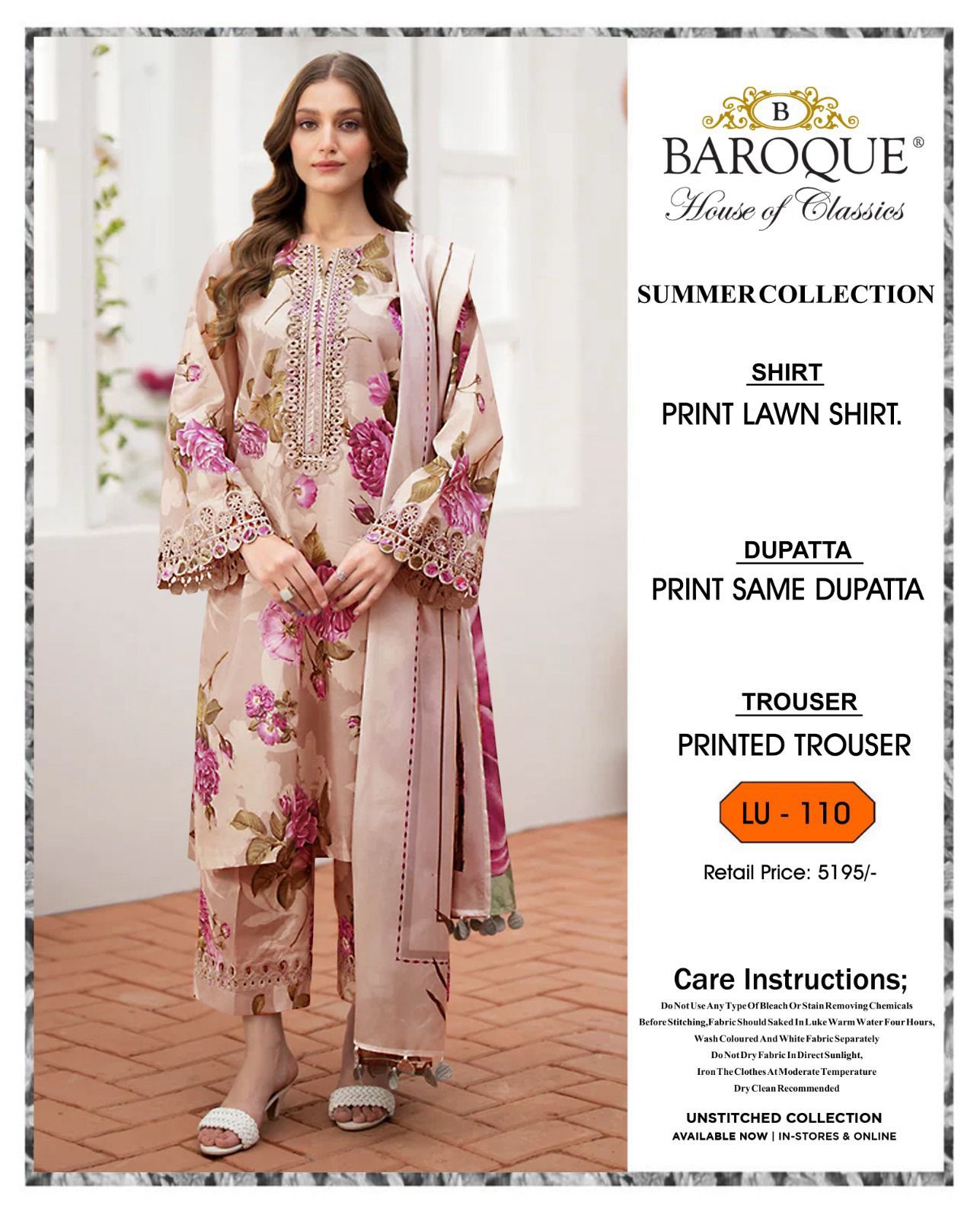 * SUMMER COLLECTION 2026 * BRAND: BAROOQUE  * FEBRIC: SWISS LAWN 3PC * PRINTED SWISS LAWN SHIRT