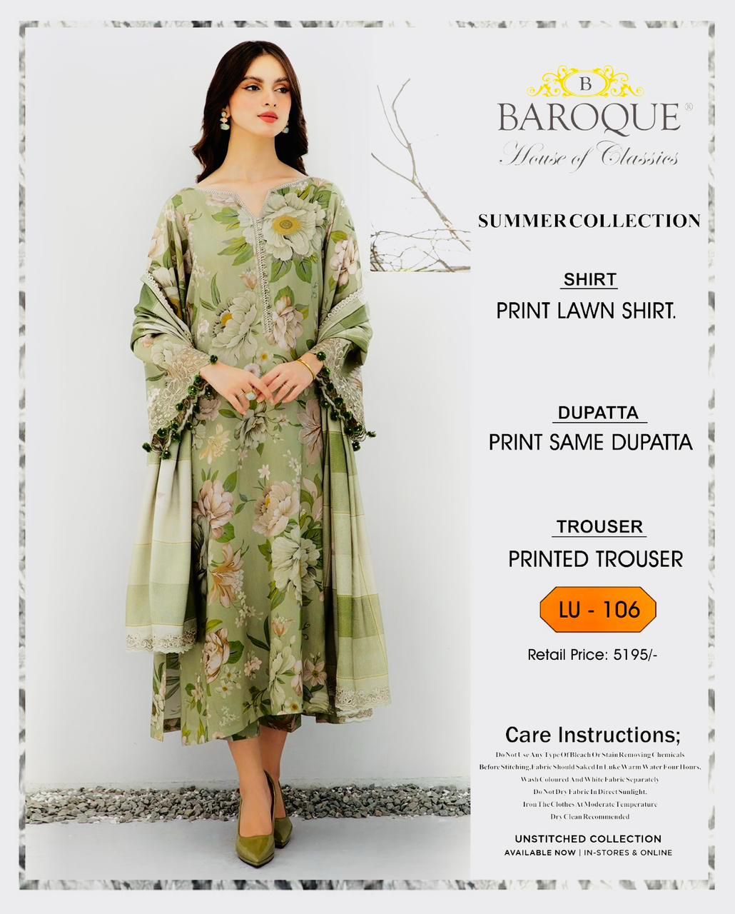 * SUMMER COLLECTION 2026 * BRAND: BAROOQUE  * FEBRIC: SWISS LAWN 3PC * PRINTED SWISS LAWN SHIRT