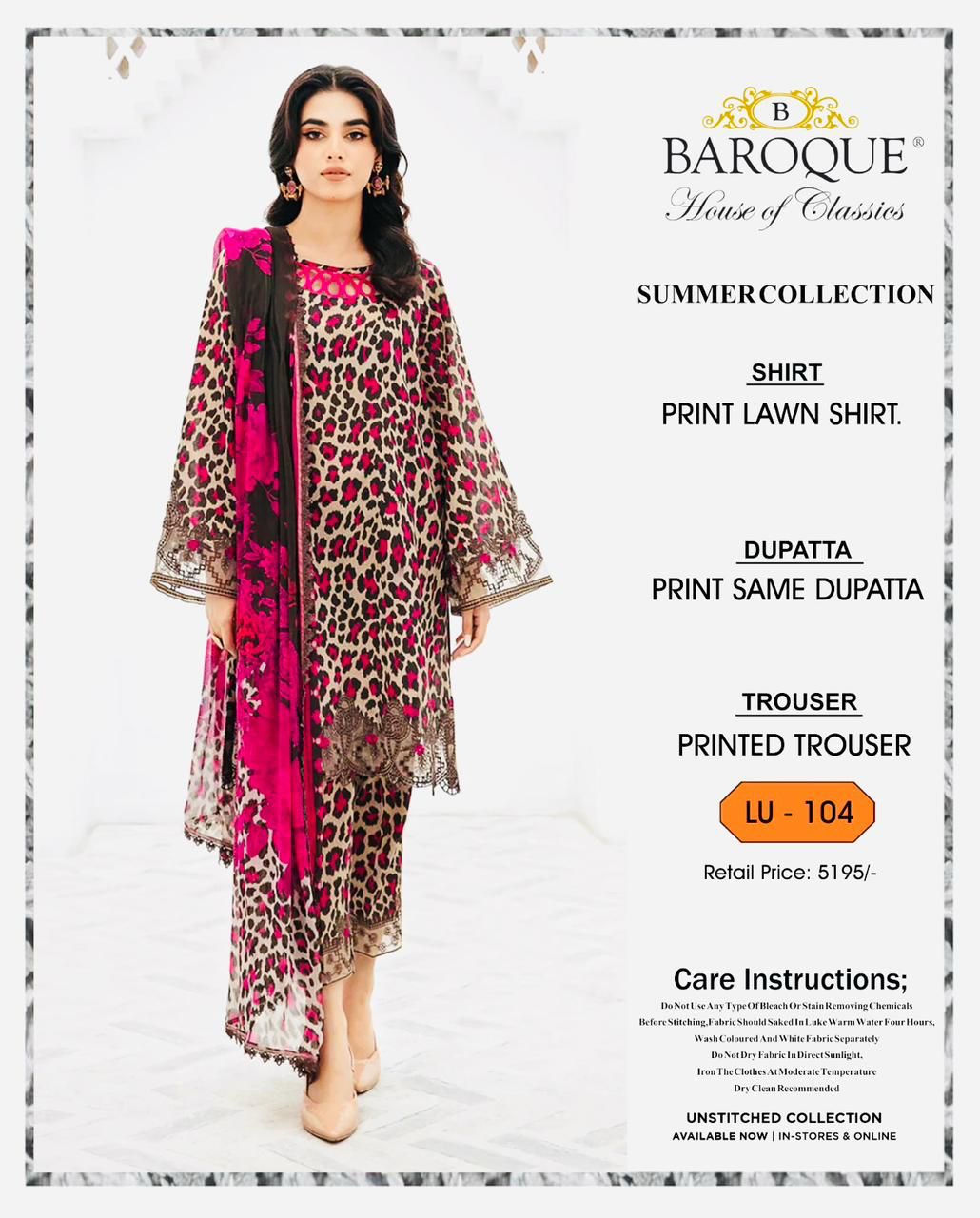 * SUMMER COLLECTION 2026 * BRAND: BAROOQUE  * FEBRIC: SWISS LAWN 3PC * PRINTED SWISS LAWN SHIRT