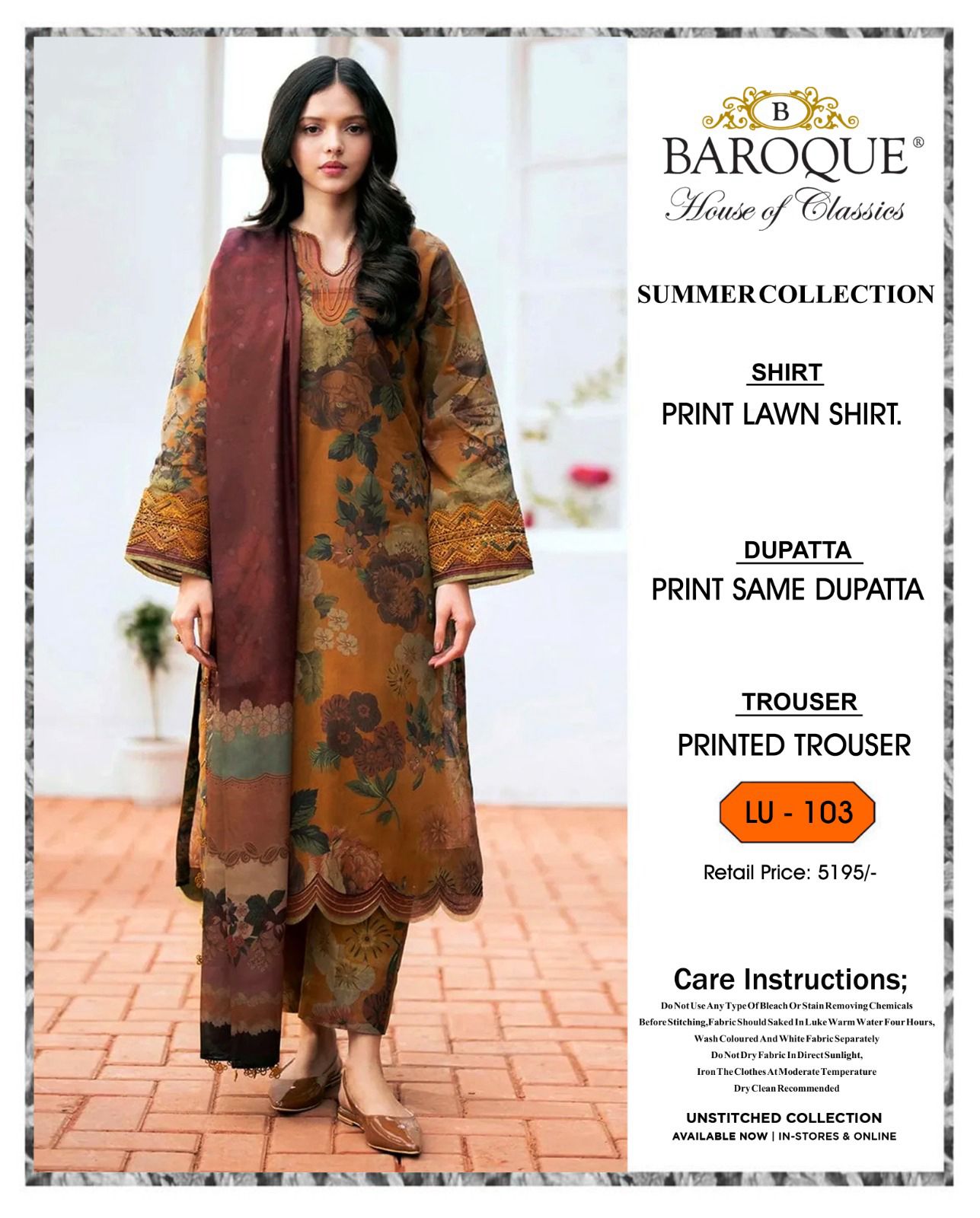 * SUMMER COLLECTION 2026 * BRAND: BAROOQUE  * FEBRIC: SWISS LAWN 3PC * PRINTED SWISS LAWN SHIRT