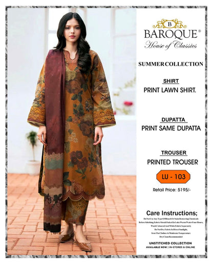 * SUMMER COLLECTION 2026 * BRAND: BAROOQUE  * FEBRIC: SWISS LAWN 3PC * PRINTED SWISS LAWN SHIRT