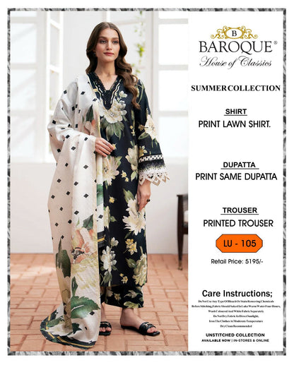 * SUMMER COLLECTION 2026 * BRAND: BAROOQUE  * FEBRIC: SWISS LAWN 3PC * PRINTED SWISS LAWN SHIRT